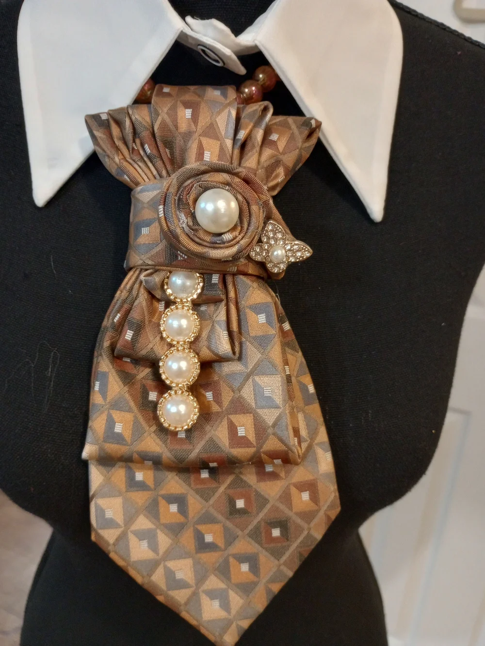 Women's Brown Geometric Statement Necklace Cravat with Pearl Accents
